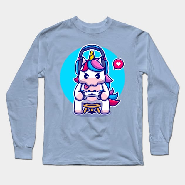 Cute Unicorn Gaming Cartoon Long Sleeve T-Shirt by Catalyst Labs